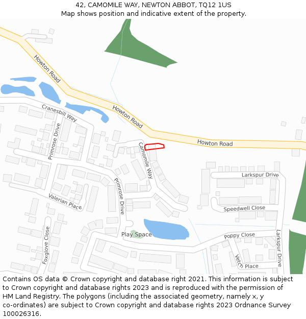 42, CAMOMILE WAY, NEWTON ABBOT, TQ12 1US: Location map and indicative extent of plot