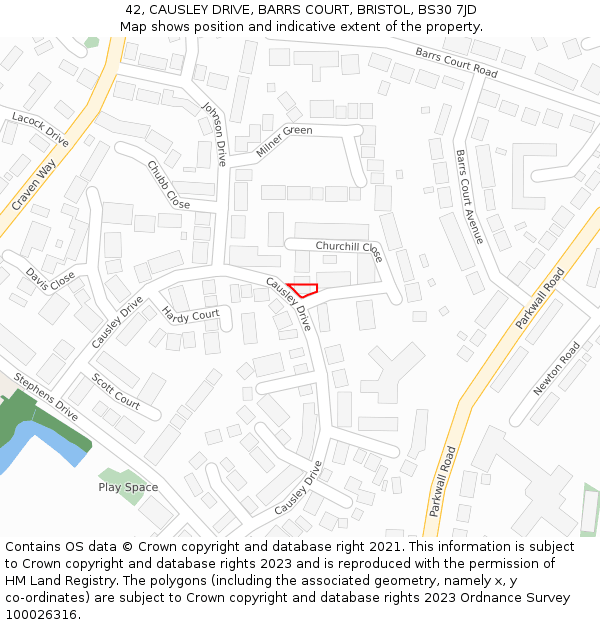 42, CAUSLEY DRIVE, BARRS COURT, BRISTOL, BS30 7JD: Location map and indicative extent of plot