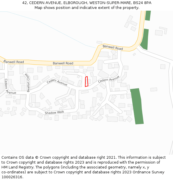 42, CEDERN AVENUE, ELBOROUGH, WESTON-SUPER-MARE, BS24 8PA: Location map and indicative extent of plot