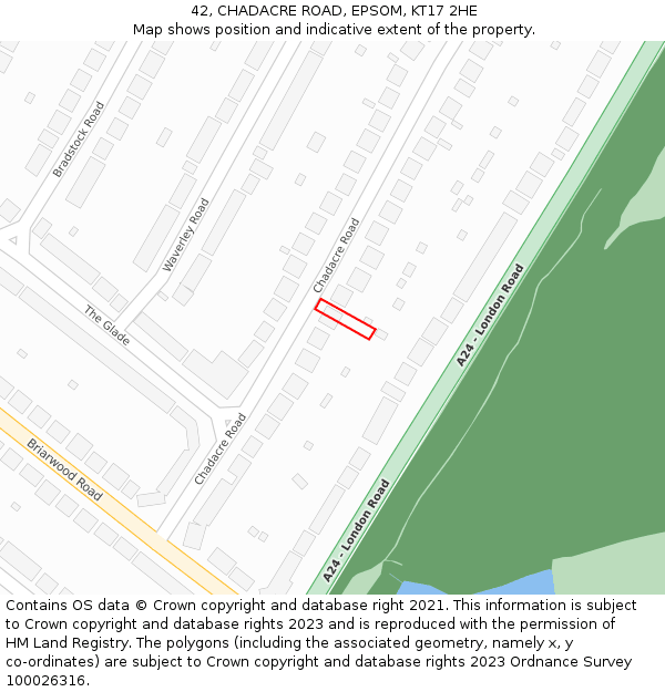 42, CHADACRE ROAD, EPSOM, KT17 2HE: Location map and indicative extent of plot