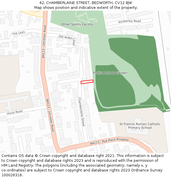 42, CHAMBERLAINE STREET, BEDWORTH, CV12 8JW: Location map and indicative extent of plot