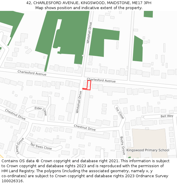 42, CHARLESFORD AVENUE, KINGSWOOD, MAIDSTONE, ME17 3PH: Location map and indicative extent of plot