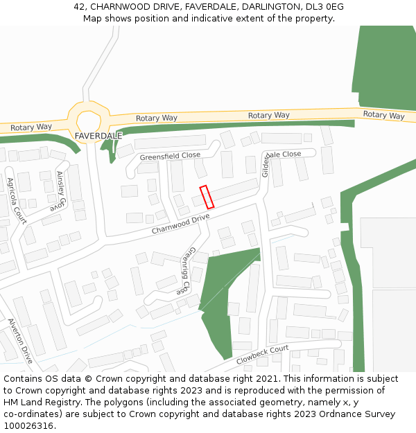 42, CHARNWOOD DRIVE, FAVERDALE, DARLINGTON, DL3 0EG: Location map and indicative extent of plot