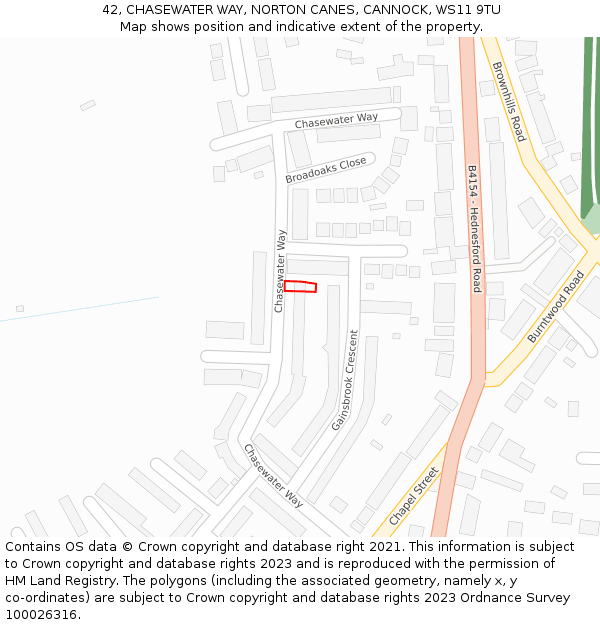 42, CHASEWATER WAY, NORTON CANES, CANNOCK, WS11 9TU: Location map and indicative extent of plot