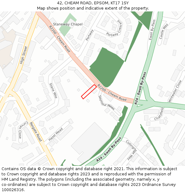 42, CHEAM ROAD, EPSOM, KT17 1SY: Location map and indicative extent of plot