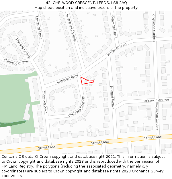 42, CHELWOOD CRESCENT, LEEDS, LS8 2AQ: Location map and indicative extent of plot