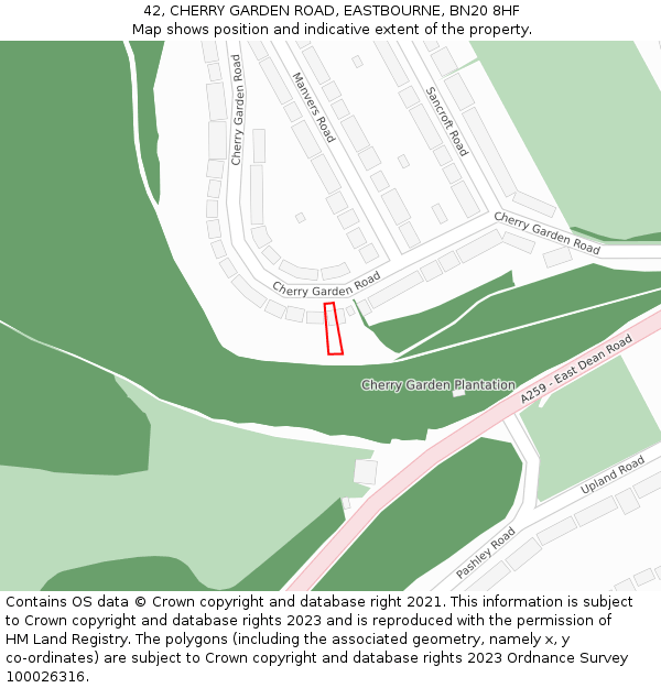 42, CHERRY GARDEN ROAD, EASTBOURNE, BN20 8HF: Location map and indicative extent of plot