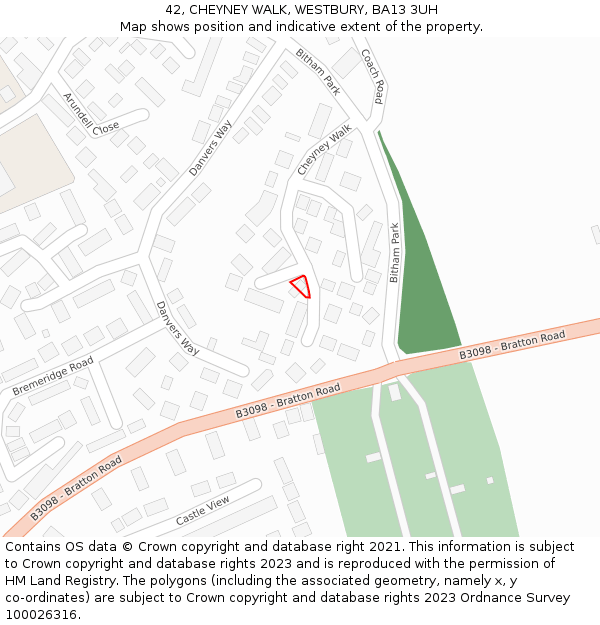 42, CHEYNEY WALK, WESTBURY, BA13 3UH: Location map and indicative extent of plot