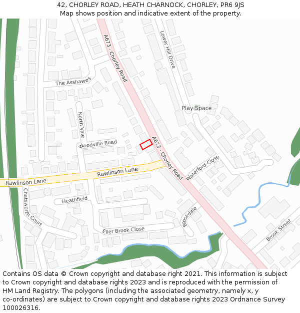 42, CHORLEY ROAD, HEATH CHARNOCK, CHORLEY, PR6 9JS: Location map and indicative extent of plot