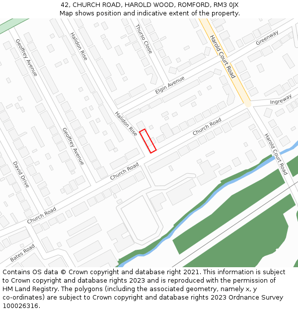 42, CHURCH ROAD, HAROLD WOOD, ROMFORD, RM3 0JX: Location map and indicative extent of plot