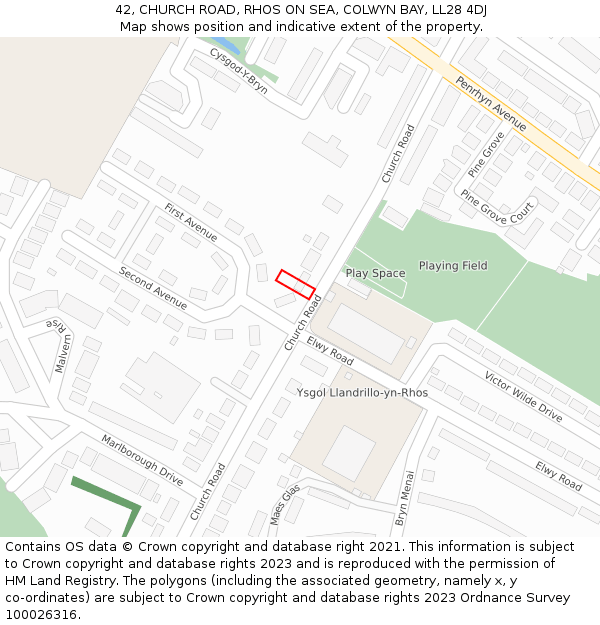 42, CHURCH ROAD, RHOS ON SEA, COLWYN BAY, LL28 4DJ: Location map and indicative extent of plot