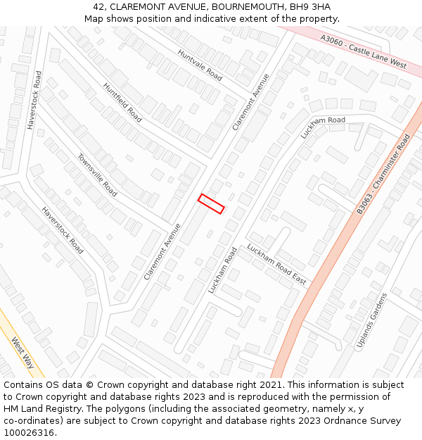 42, CLAREMONT AVENUE, BOURNEMOUTH, BH9 3HA: Location map and indicative extent of plot