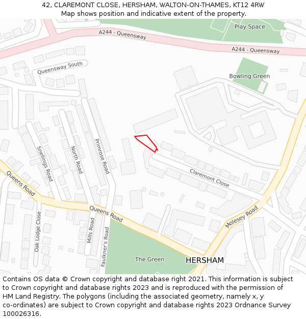 42, CLAREMONT CLOSE, HERSHAM, WALTON-ON-THAMES, KT12 4RW: Location map and indicative extent of plot