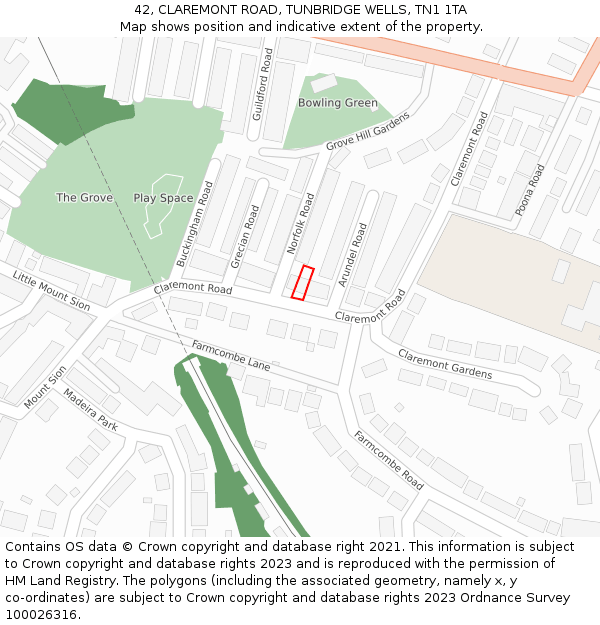 42, CLAREMONT ROAD, TUNBRIDGE WELLS, TN1 1TA: Location map and indicative extent of plot