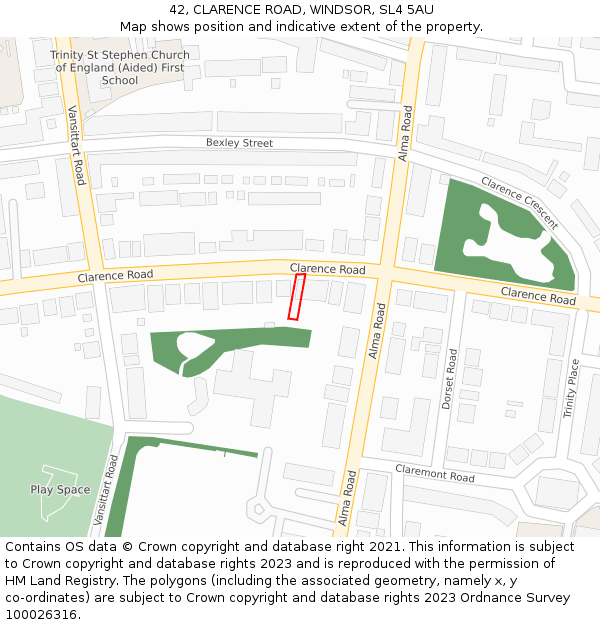 42, CLARENCE ROAD, WINDSOR, SL4 5AU: Location map and indicative extent of plot