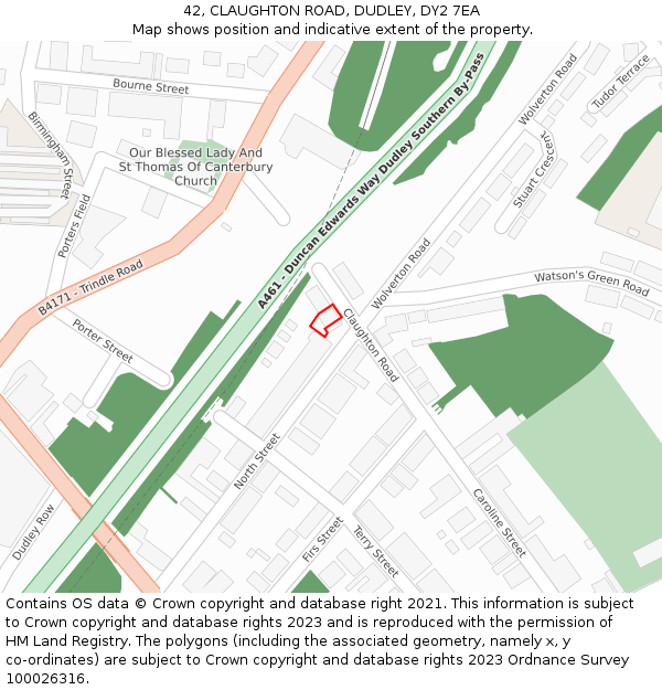 42, CLAUGHTON ROAD, DUDLEY, DY2 7EA: Location map and indicative extent of plot