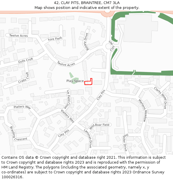 42, CLAY PITS, BRAINTREE, CM7 3LA: Location map and indicative extent of plot