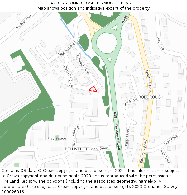 42, CLAYTONIA CLOSE, PLYMOUTH, PL6 7EU: Location map and indicative extent of plot