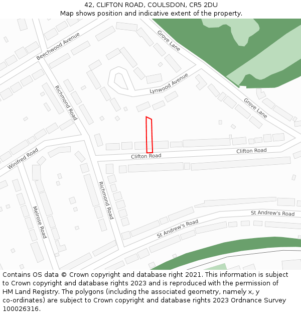 42, CLIFTON ROAD, COULSDON, CR5 2DU: Location map and indicative extent of plot