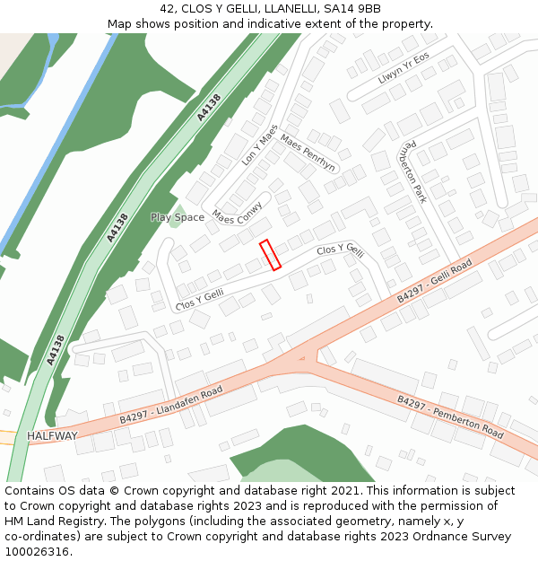 42, CLOS Y GELLI, LLANELLI, SA14 9BB: Location map and indicative extent of plot