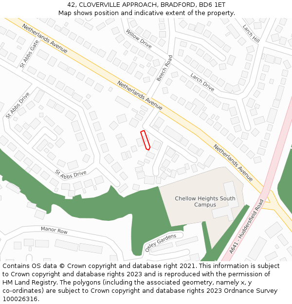 42, CLOVERVILLE APPROACH, BRADFORD, BD6 1ET: Location map and indicative extent of plot