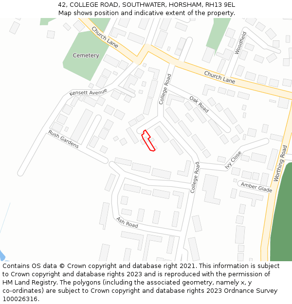 42, COLLEGE ROAD, SOUTHWATER, HORSHAM, RH13 9EL: Location map and indicative extent of plot