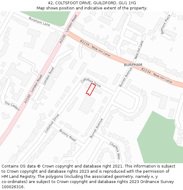 42, COLTSFOOT DRIVE, GUILDFORD, GU1 1YG: Location map and indicative extent of plot
