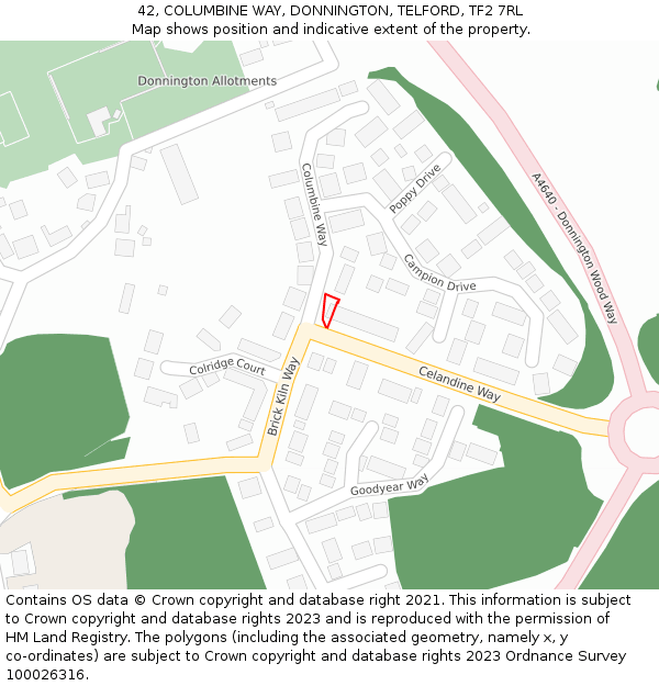 42, COLUMBINE WAY, DONNINGTON, TELFORD, TF2 7RL: Location map and indicative extent of plot