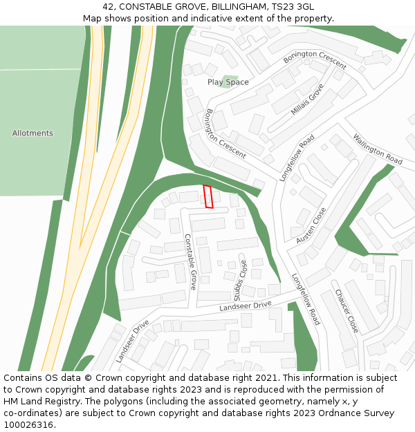42, CONSTABLE GROVE, BILLINGHAM, TS23 3GL: Location map and indicative extent of plot