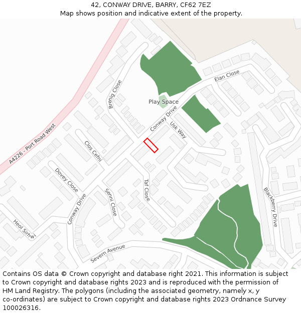 42, CONWAY DRIVE, BARRY, CF62 7EZ: Location map and indicative extent of plot