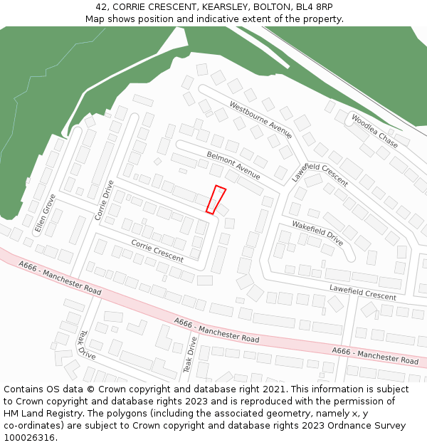 42, CORRIE CRESCENT, KEARSLEY, BOLTON, BL4 8RP: Location map and indicative extent of plot