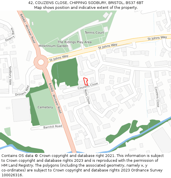 42, COUZENS CLOSE, CHIPPING SODBURY, BRISTOL, BS37 6BT: Location map and indicative extent of plot