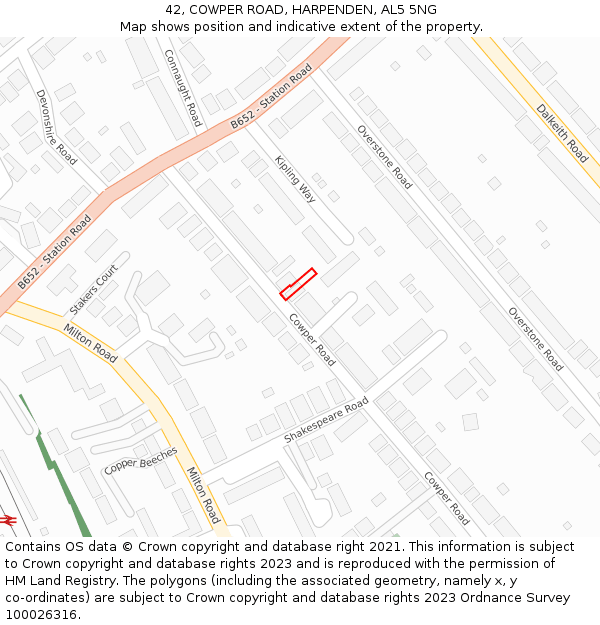 42, COWPER ROAD, HARPENDEN, AL5 5NG: Location map and indicative extent of plot