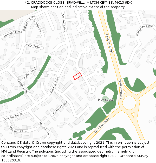 42, CRADDOCKS CLOSE, BRADWELL, MILTON KEYNES, MK13 9DX: Location map and indicative extent of plot