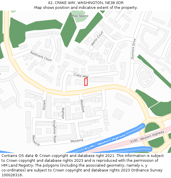 42, CRAKE WAY, WASHINGTON, NE38 0DR: Location map and indicative extent of plot