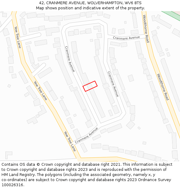 42, CRANMERE AVENUE, WOLVERHAMPTON, WV6 8TS: Location map and indicative extent of plot