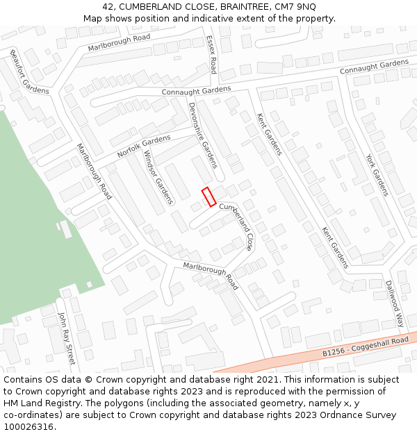 42, CUMBERLAND CLOSE, BRAINTREE, CM7 9NQ: Location map and indicative extent of plot