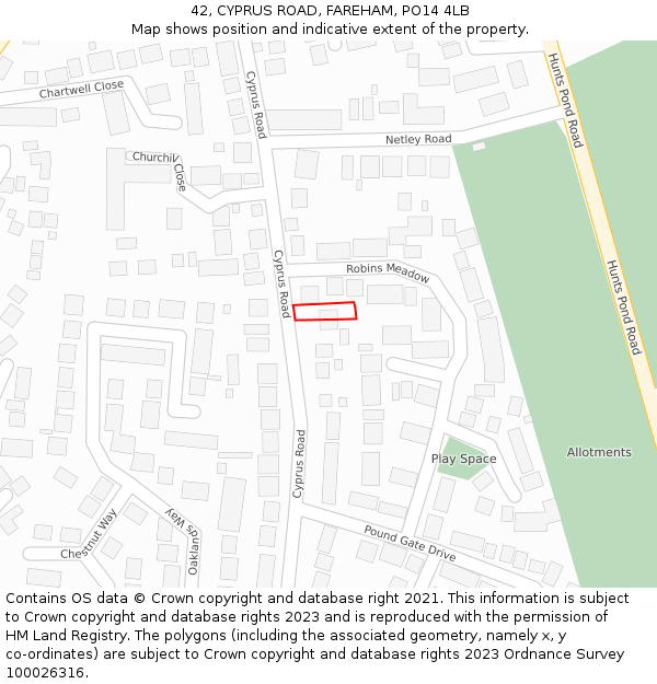 42, CYPRUS ROAD, FAREHAM, PO14 4LB: Location map and indicative extent of plot