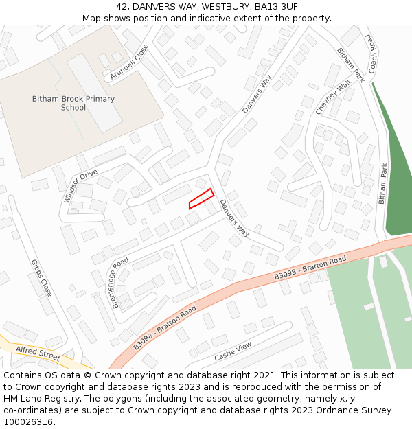 42, DANVERS WAY, WESTBURY, BA13 3UF: Location map and indicative extent of plot