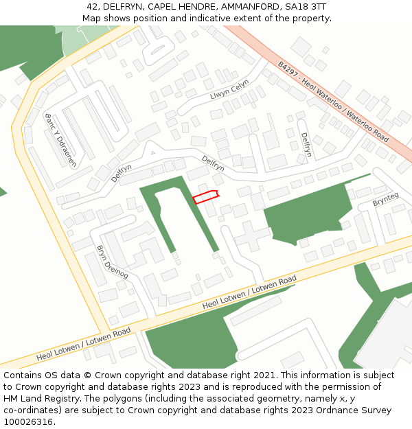 42, DELFRYN, CAPEL HENDRE, AMMANFORD, SA18 3TT: Location map and indicative extent of plot