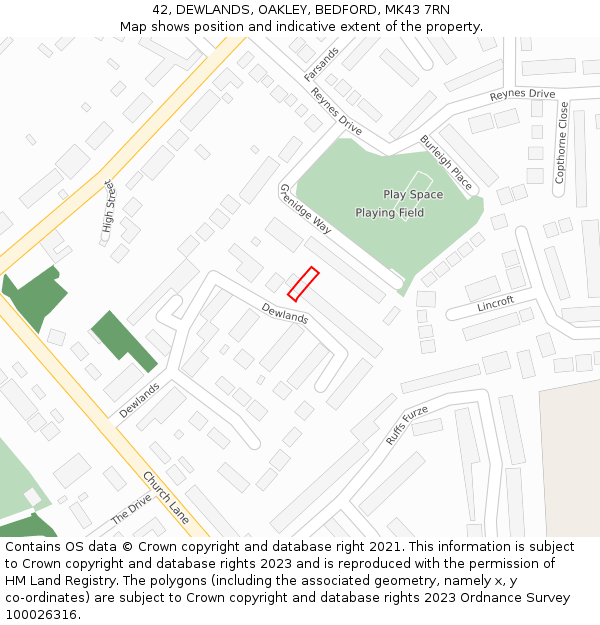 42, DEWLANDS, OAKLEY, BEDFORD, MK43 7RN: Location map and indicative extent of plot