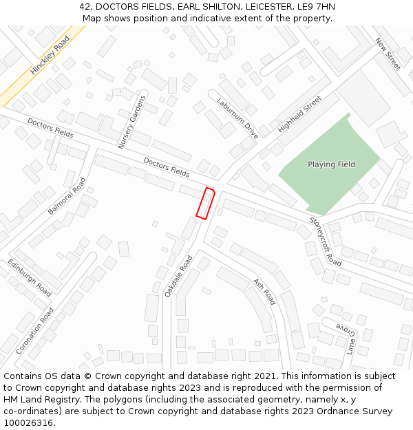 42, DOCTORS FIELDS, EARL SHILTON, LEICESTER, LE9 7HN: Location map and indicative extent of plot