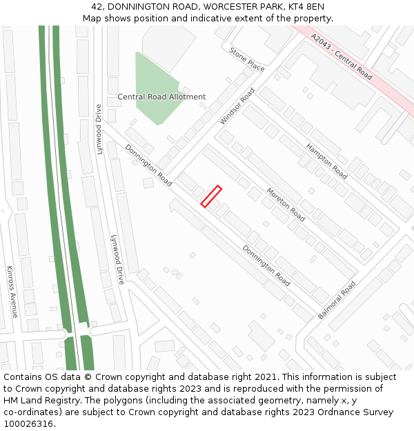 42, DONNINGTON ROAD, WORCESTER PARK, KT4 8EN: Location map and indicative extent of plot