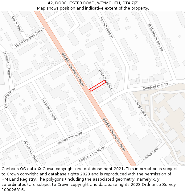 42, DORCHESTER ROAD, WEYMOUTH, DT4 7JZ: Location map and indicative extent of plot
