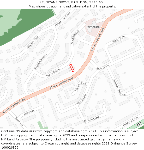 42, DOWNS GROVE, BASILDON, SS16 4QL: Location map and indicative extent of plot