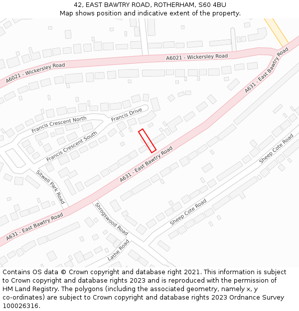 42, EAST BAWTRY ROAD, ROTHERHAM, S60 4BU: Location map and indicative extent of plot