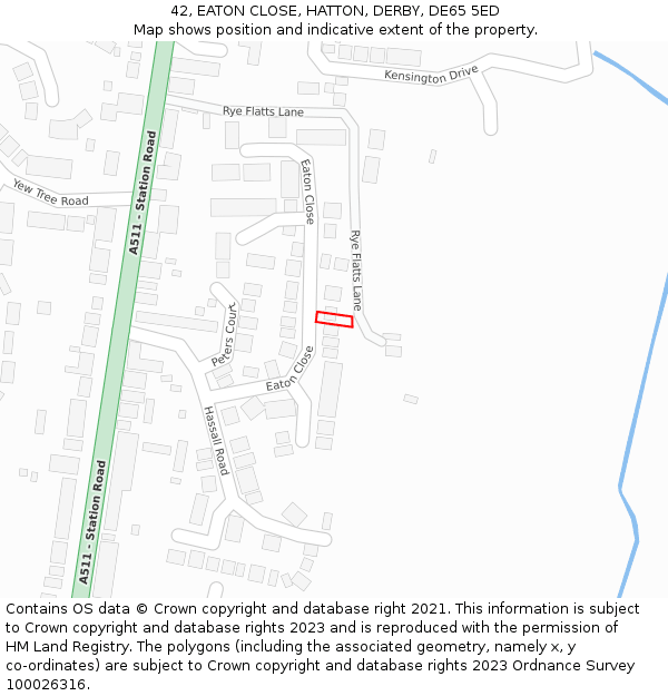 42, EATON CLOSE, HATTON, DERBY, DE65 5ED: Location map and indicative extent of plot