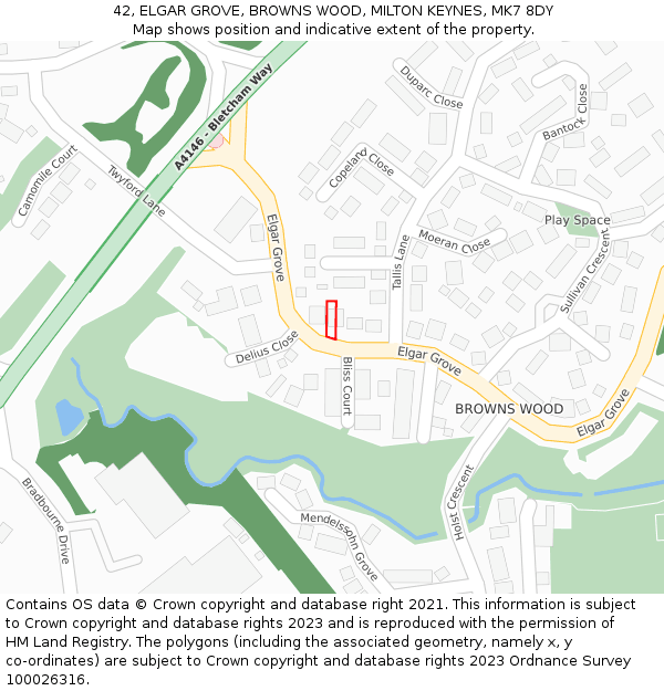 42, ELGAR GROVE, BROWNS WOOD, MILTON KEYNES, MK7 8DY: Location map and indicative extent of plot