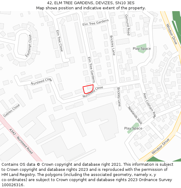 42, ELM TREE GARDENS, DEVIZES, SN10 3ES: Location map and indicative extent of plot