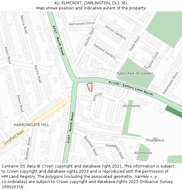 42, ELMCROFT, DARLINGTON, DL1 3EL: Location map and indicative extent of plot